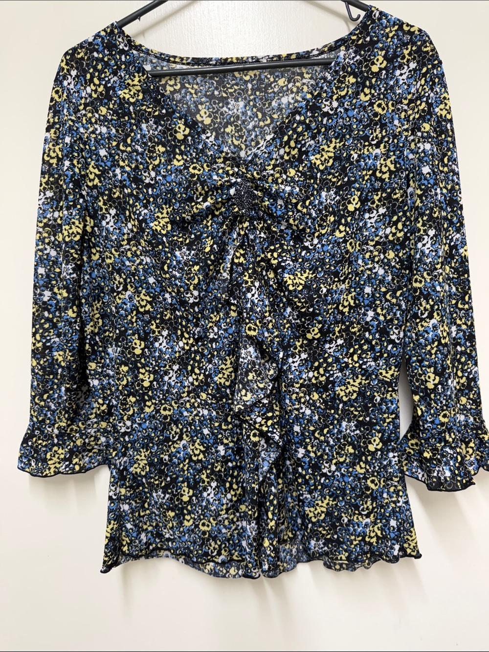 Floral Ruffle Front Womens Top in Blue & Yellow - Picture 1 of 3